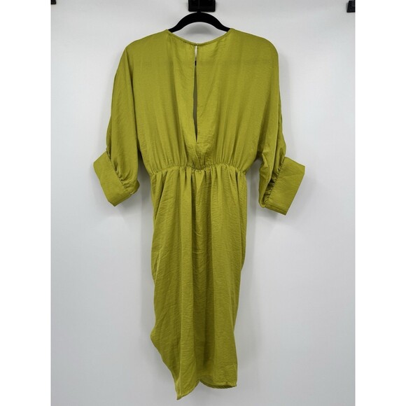 Aakaa Chartreuse Satin Draped Midi Dress Sz M Green V-Neck Ruched Cocktail Chic - Picture 7 of 13